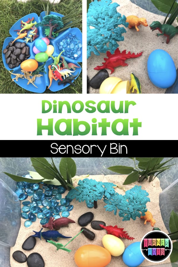 Dinosaur Habitat Sensory Bin | Sand, trees, gems, dinosaurs, and so much fun to pretend during a preschool dinosaur theme.