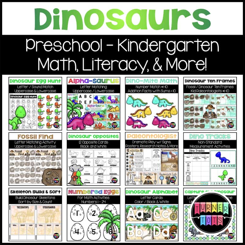 Dinosaurs Bundle for Preschool through kindergarten with math activities and centers, literacy activities and centers, and dramatic play.
