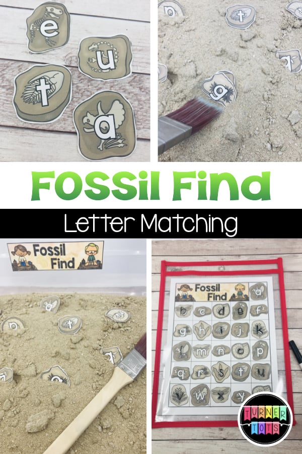 Fossil Find Preschool Letter Activity | Dig around in the sand to find these lettered fossils and trace over the matching letter on the recording sheet. Great literacy activity or center for your dinosaur theme!