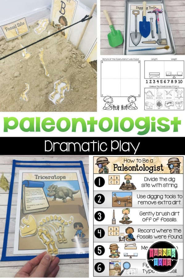 Paleontologist / Dinosaur Dig Dramatic Play with instructions, research books, fact sheets, signs, and more! Perfect way to learn through play during your preschool dinosaur theme!