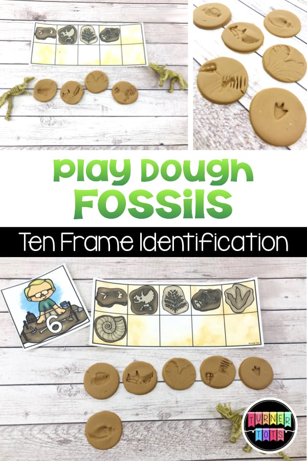 Play Dough Fossils | Use plastic dinosaurs to make imprints in play dough for this dinosaur themed preschool activity! Love that the ten frames incorporate math!