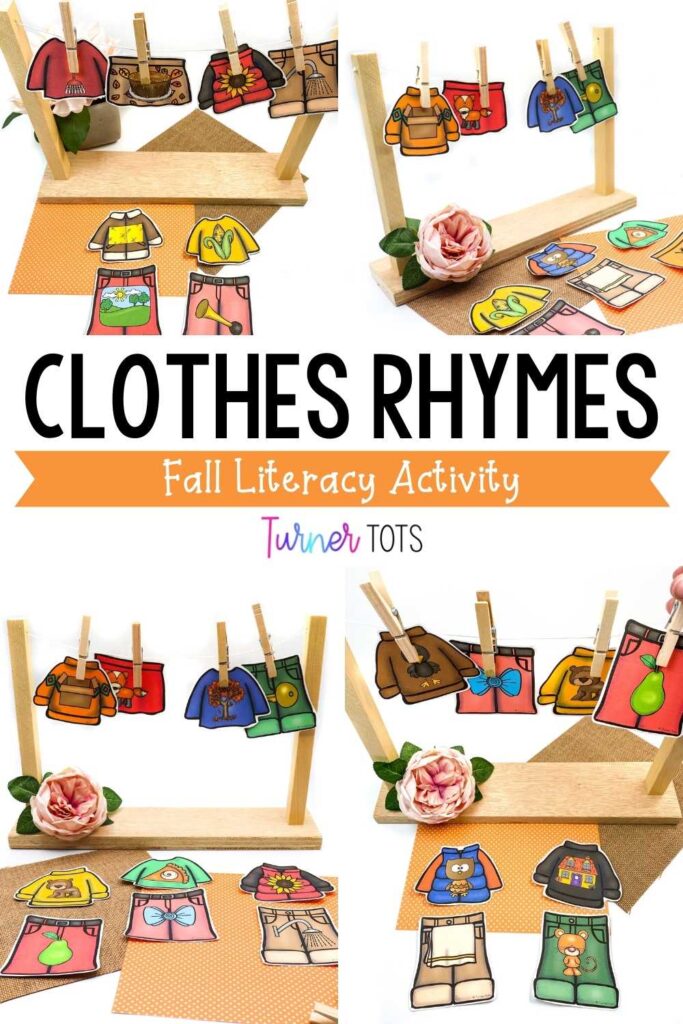 Clothes with rhyming words on them that preschoolers have to pair up to make a fall outfit and hang on a miniature clothesline as one of our fall literacy activities.