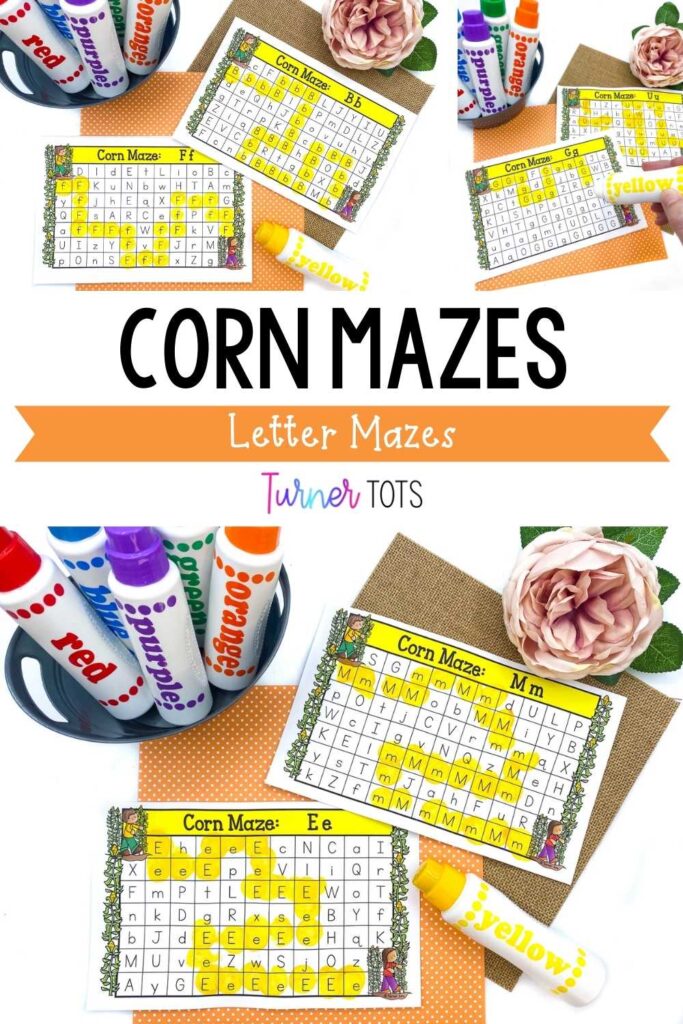 Corn letter mazes include printouts with uppercase and lowercase letters that preschooler mark from start to finish to complete the corn maze and work on letter identification.