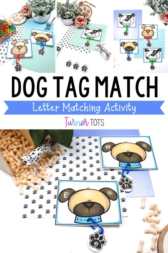 Dog tag letter match includes dogs with uppercase letters on their ears with dog tags with lowercase letters. Preschoolers hook the dog tags onto the collars as a pet literacy activity.