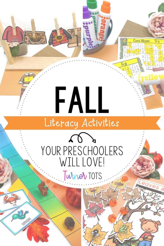 Fall activities preschoolers love for fall literacy centers, including a rhyming clothes activity, corn letter mazes, a migration syllables game, and a leaf initial sound activity.