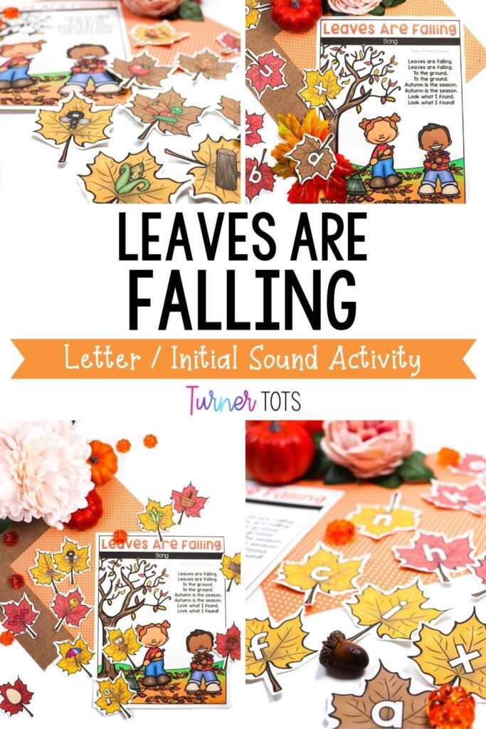 Lettered leaves and fall leaves with initial sounds for preschoolers to work on as a circle time activity or literacy center for fall activities preschoolers love.