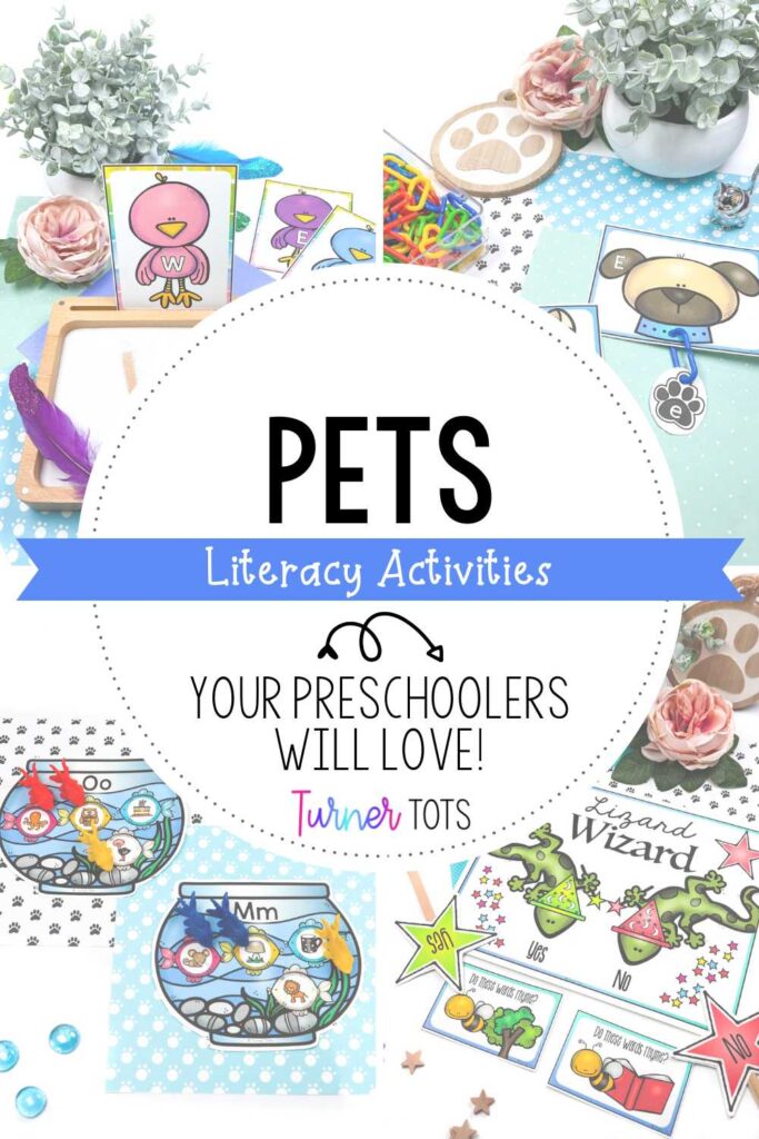 Pet literacy activities for preschoolers include a bird writing tray with feathers, a dog tag letter match, a fish bowl initial sound activity, and a lizard rhyming activity.