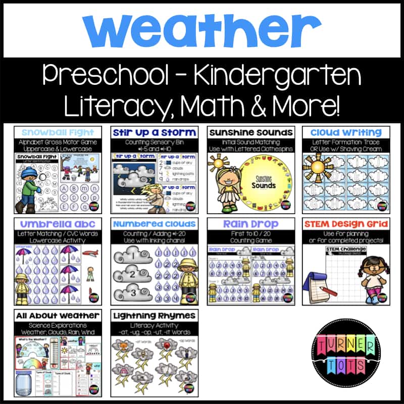 Weather Preschool Bundle with literacy activities and centers, math activities and centers, science explorations, and STEM.
