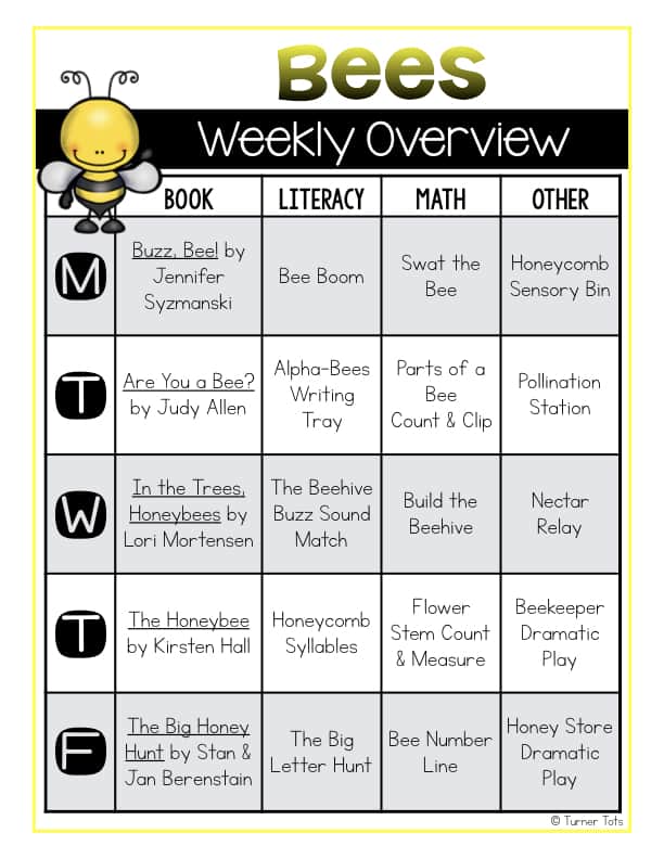 Bees Weekly Overview with book recommendations, literacy activities and centers, math activities and centers, sensory bins, dramatic play, and science! All hands-on activities for preschoolers or kindergarteners to learn through play!