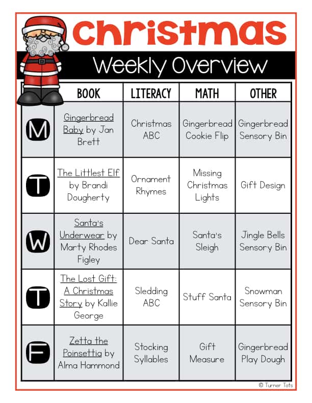 Christmas Weekly Overview with book recommendations, literacy activities and centers, math activities and centers, sensory bins, and more!