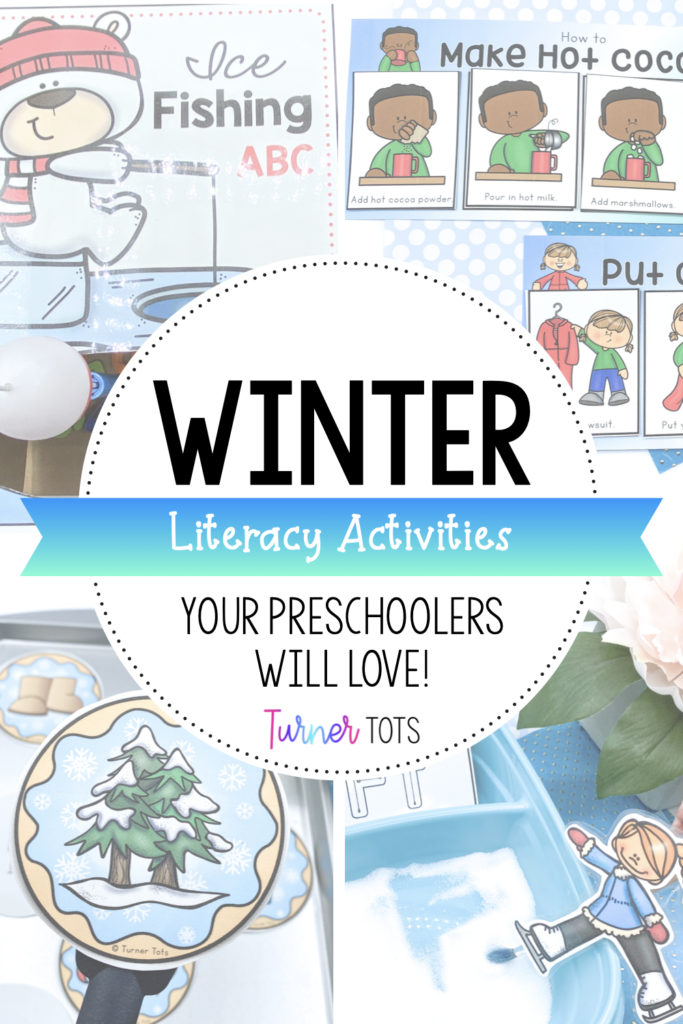 Winter literacy activities for preschoolers with images of an ice fishing alphabet game, winter sequencing cards, initial sound winter cookies, and letter formation ice skating cards.