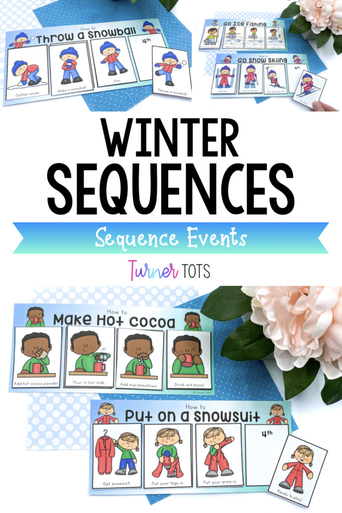 Winter sequences includes pictures of sequencing cards for how to make hot cocoa, put on a snowsuit, and more winter activities.