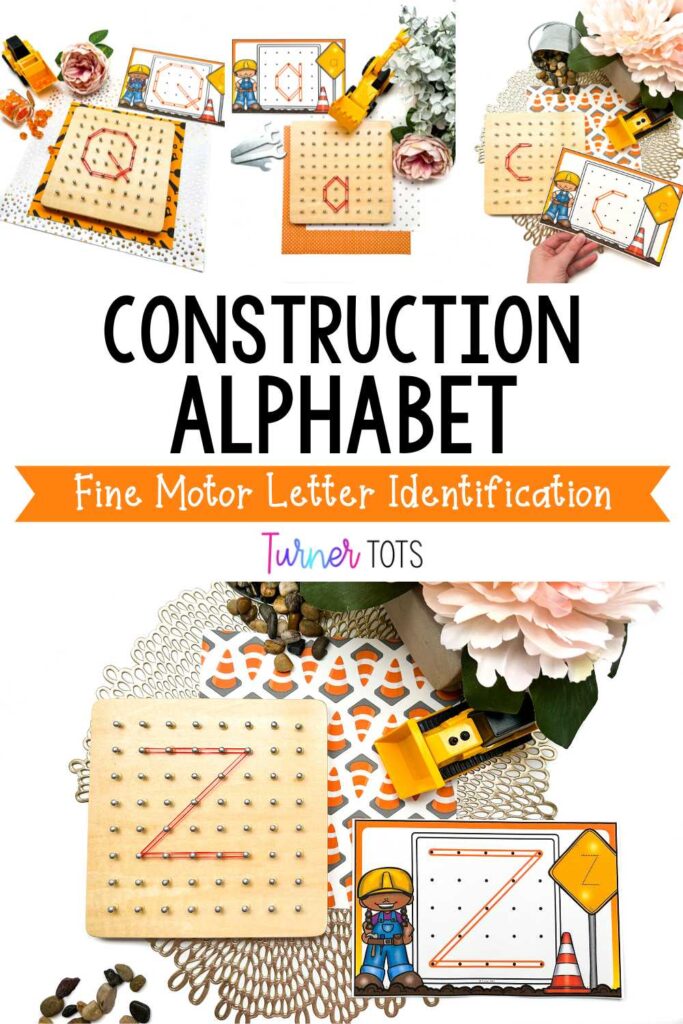 Construction alphabet cards with examples of how to place rubber bands on peg boards for a fine motor alphabet activity.