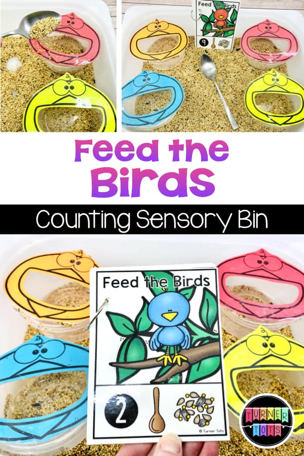 Feed the Birds | Bird printouts taped on circular containers in a sensory bin full of bird seed. Students scoop the corresponding number of scoops into each bird's mouth.