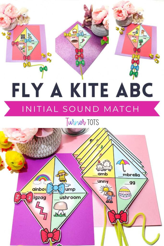 A kite initial sound activity in which the printable kites contain four spring pictures for preschoolers to identify the beginning sound and place a lettered bow onto the kite string.