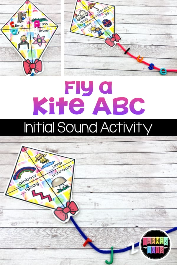 Fly a Kite ABC | Kites with spring-themed words in each quadrant and pipe cleaner tails to lace letter beads on that match the initial sounds of the pictures.