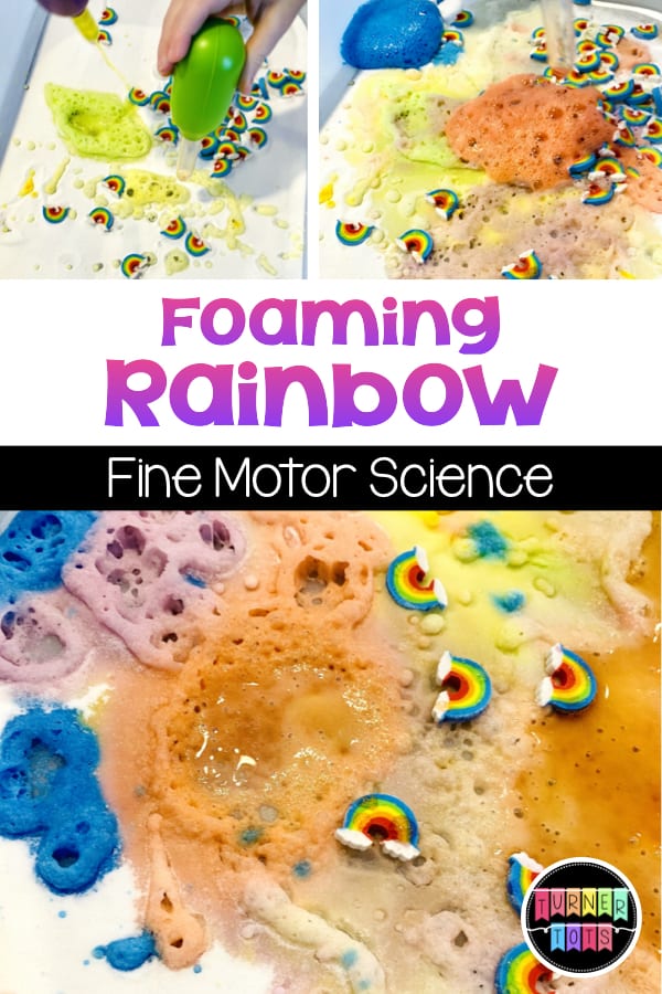 Foaming Rainbow | Baking soda in a tub with colored vinegar foaming on top. Kids using droppers. 
