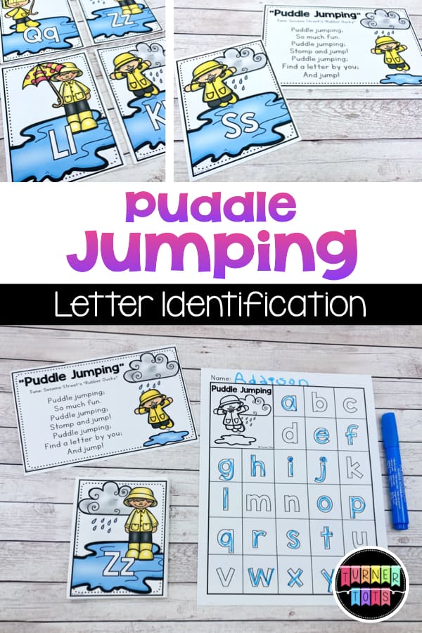 Puddle Jumping | Letter cards with kids jumping in puddles and a recording sheet with the letters of the alphabet