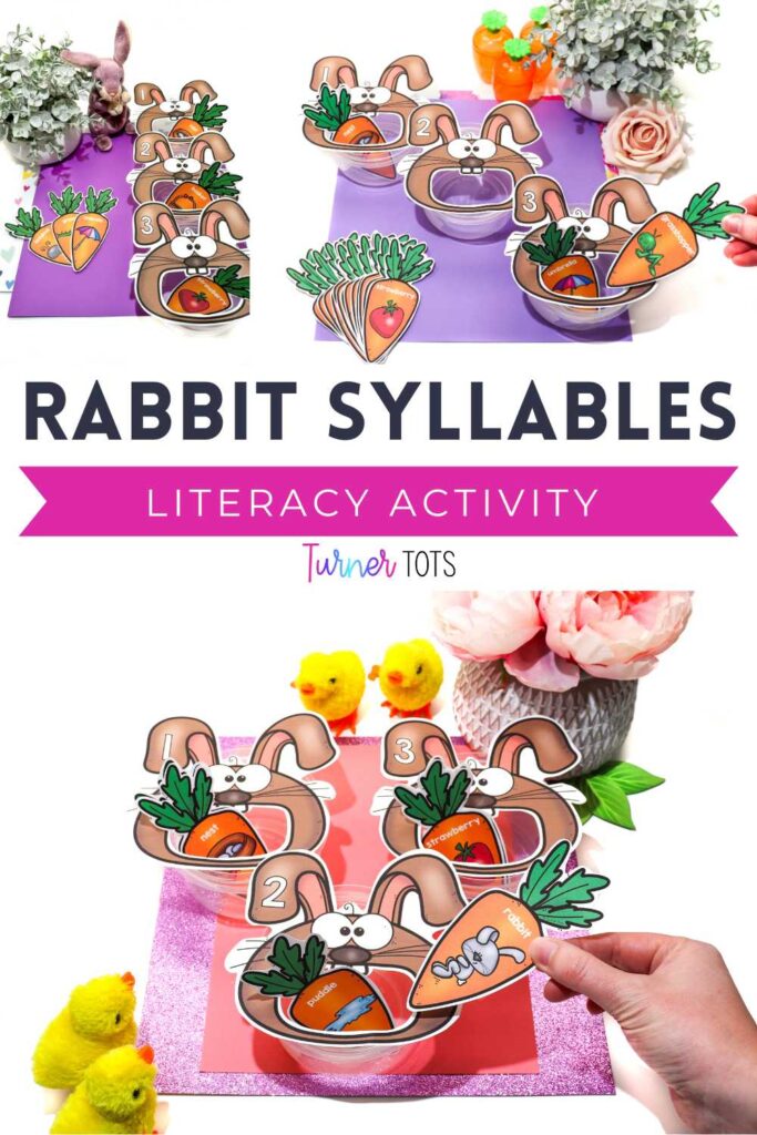 Rabbits with open mouths and numbers on their ears for preschoolers to sort carrots with spring-themed pictures on them by the number of syllables.