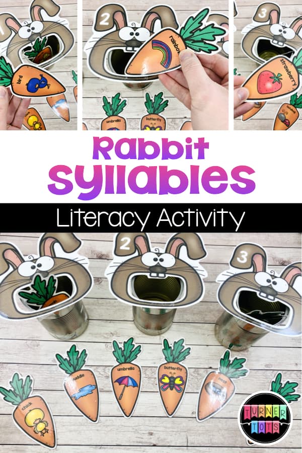Rabbit Syllables | Rabbits with open mouths to feed carrots with spring-themed pictures on them.