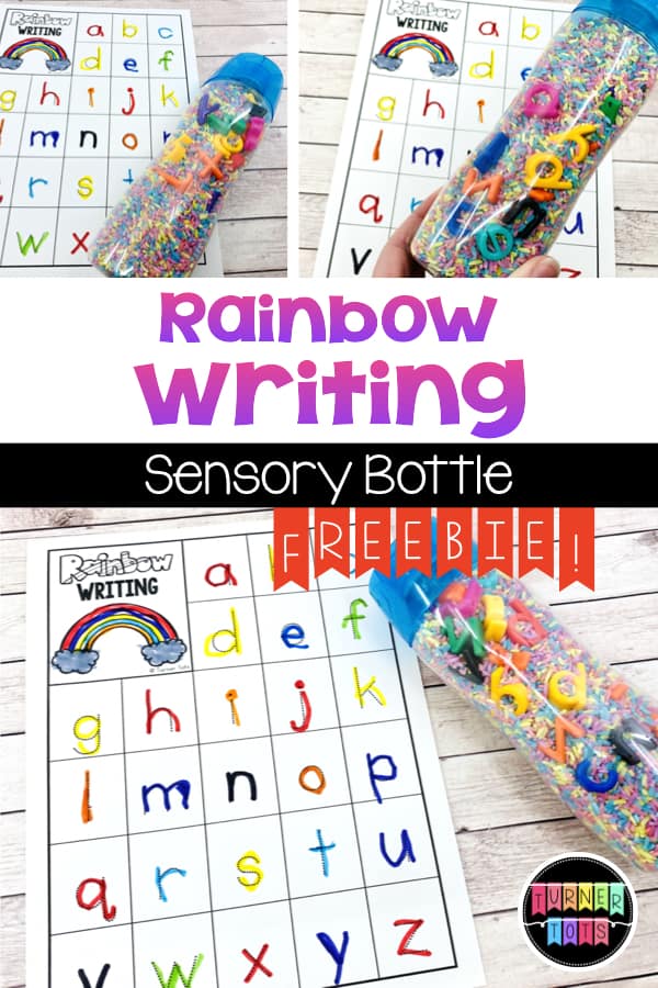 Rainbow Writing | A clear plastic bottle filled with rainbow rice and colorful letters. Record the letters found on a recording sheet with the letters of the alphabet.