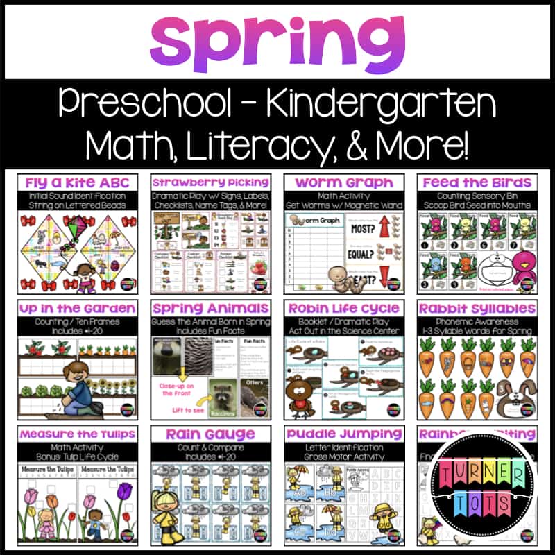 Spring Preschool Bundle with literacy activities and centers, math activities and centers, science, and dramatic play.