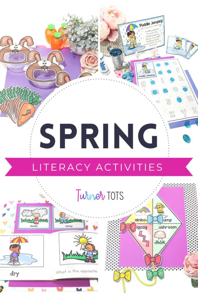 Spring literacy activities for preschoolers include a rabbit syllable sorting activity, a puddle jumping alphabet game, a spring opposites book, and an initial sound kite activity.