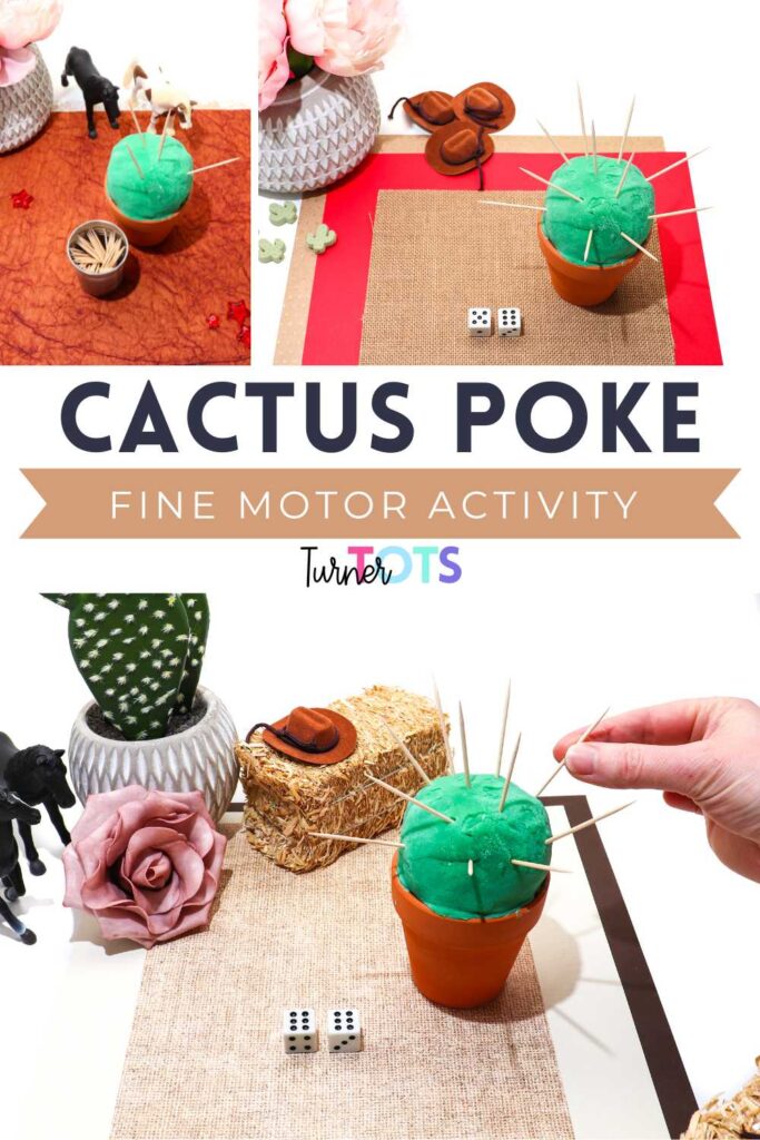 A green ball of playdough in a pot with toothpicks as spikes as one of our Wild West fine motor activities.