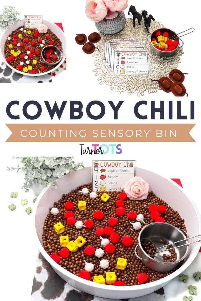 Cowboy chili recipe cards with a sensory bin filled with brown beads, red pompoms, yellow snap cubes, and onions to count into the pot as one of our Wild West math activities.