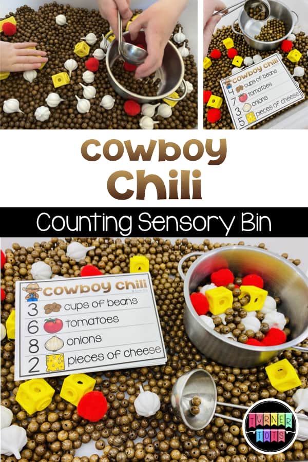Cowboy Chili Counting Sensory Bin | Sensory bin filled with brown beads, plastic onion counters, yellow cubes for cheese, and red pompoms for tomatoes. Counting math activity for your Wild West theme!