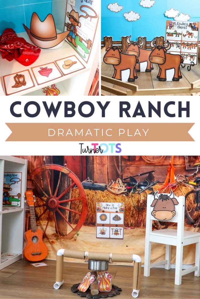 Cowboy Ranch dramatic play setup includes a fenced-in area for herding the bulls, a pretend campfire, a bull on a chair to lasso, and cowboy props (cowboy hat, bandana, and guitar).