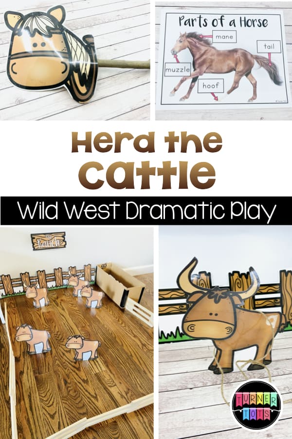 Herd the Cattle | Wild West Dramatic Play - Horse head printout attached to a stick to make a stick pony. Diagram labeling parts of a horse. Cattle printouts in a fenced-in area. 