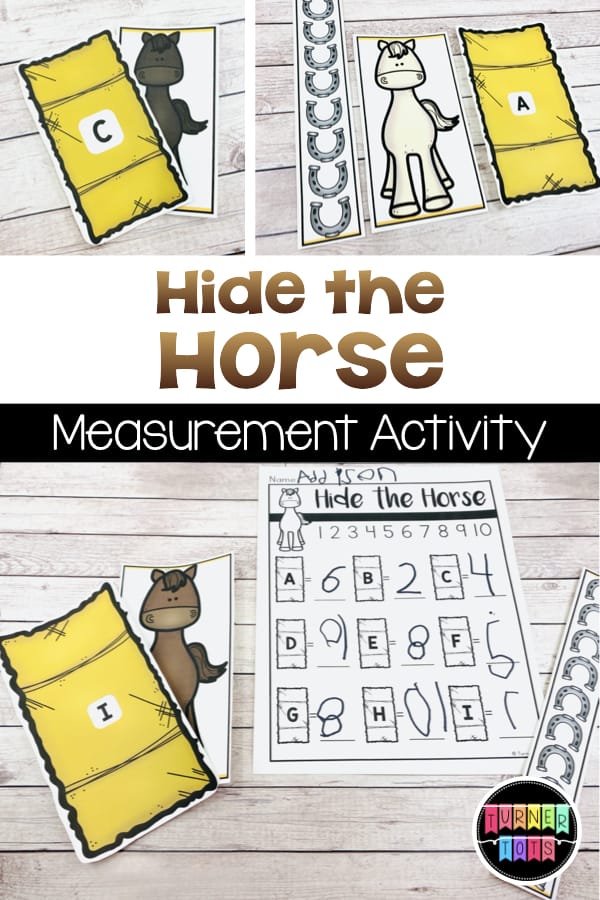 Hide the Horse Measurement Activity | Lettered haystacks on top of horse cards of similar sizes. Recording sheet with numbers next to each haystack. 