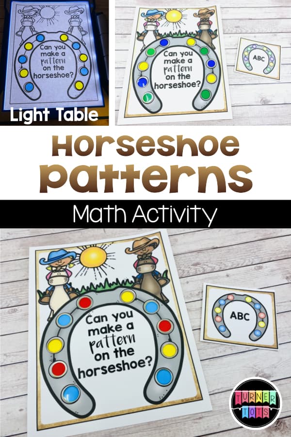 Horseshoe Patterns Math Activity | Printout with a large horseshoe with blank circles and a cowboy and cowgirl. Colored translucent chips placed on top to create patterns for this Wild West math activity.