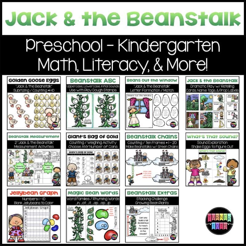 Jack and the Beanstalk Preschool to Kindergarten Bundle with math activities, literacy activities, dramatic play, and sensory bins. 