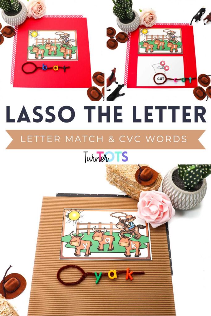 Lasso Letter activity includes cattle cards with three letters to lace onto pipe cleaner lassos. Extend by sounding out the CVC word and flipping to self-check with this Wild West literacy activity for preschoolers.