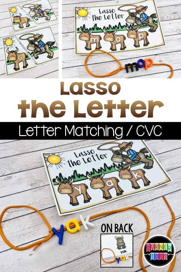 Lasso the Letter | Cards with cattle and cowboys and girls with letters on them. Strings with lettered beads laced on to look like a lasso.