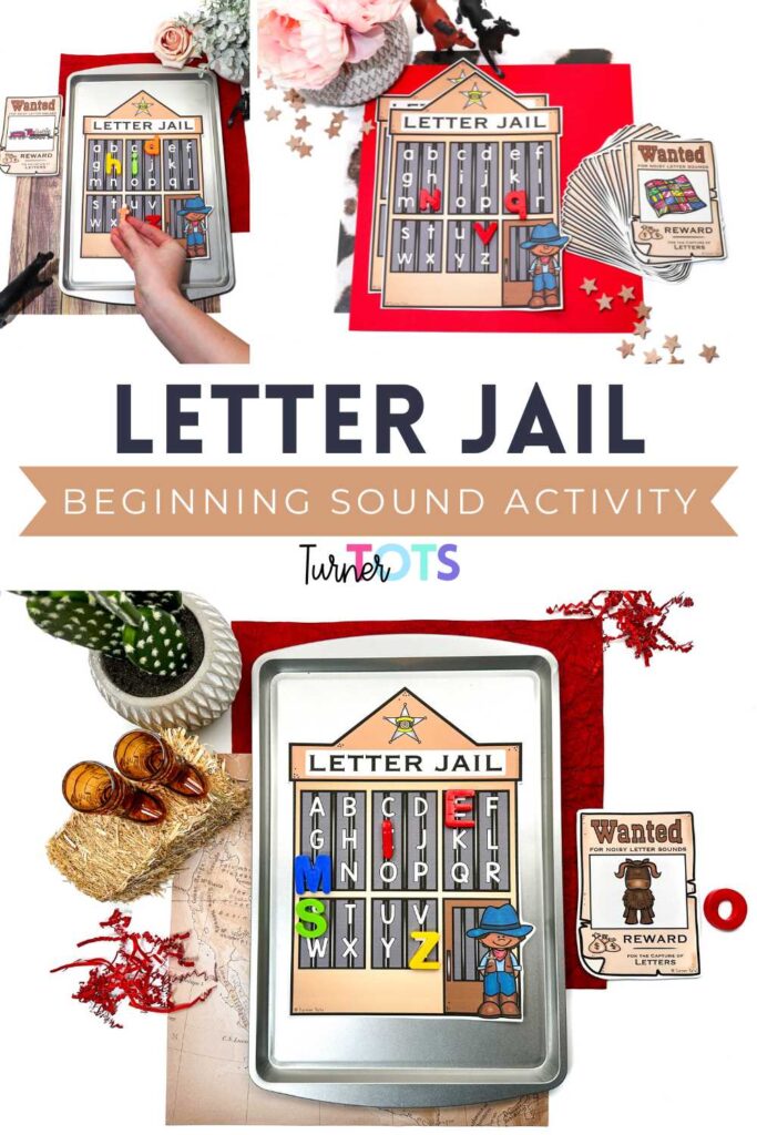 Letter jail beginning sound activity for preschoolers includes wanted cards with Wild West-themed pictures on them for preschoolers to find the magnetic letter and place in the letter jail.