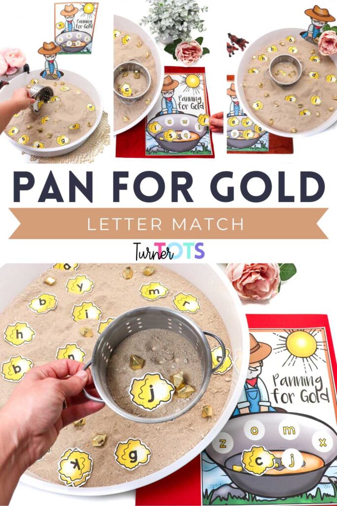 A sensory bin filled with sand and printable lettered gold nuggets for preschoolers to sift through and match to the gold pan with the matching letter.