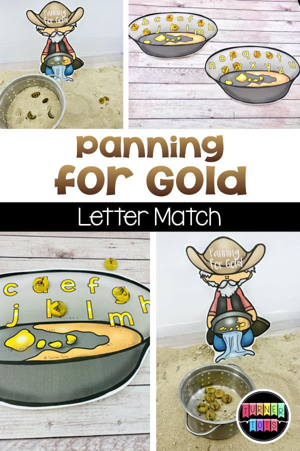 Panning for Gold Letter Match | Plastic tub filled with sand and letters written on gold gems. Use a strainer to find the letters and match to the gold pan printouts with golden letters. 