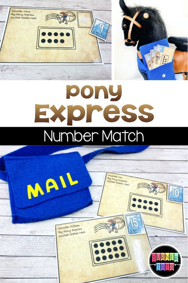 Pony Express Number Match | Envelopes with dots in the address label for students to count. Numbered stamps hooked on with Velcro. Mail bag and a horse.