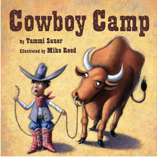 Cowboy Camp by Tammi Sauer includes an illustrated cover of a scared boy holding an angry bull with a rope as one of our kids cowboy books.