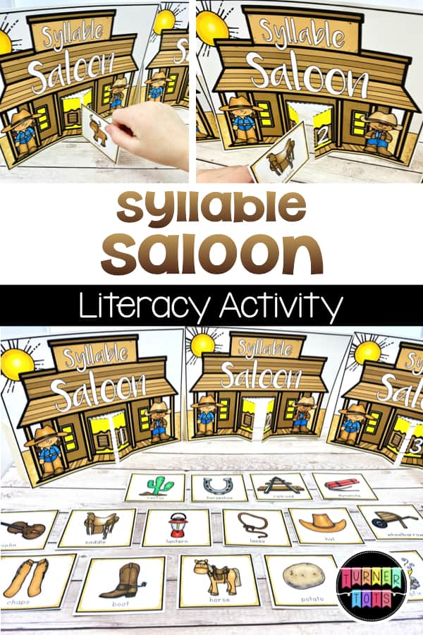 Syllable Saloon Literacy Activity | Saloon printouts with numbers on them for students to sort the Wild West themed word cards. Great literacy activity for preschool!