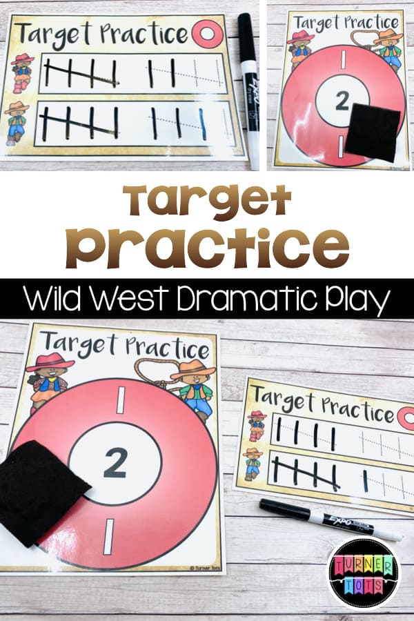 Target Practice | Wild West Dramatic Play includes a printout with a bullseye and a scorecard with dotted tally marks for preschoolers to keep score as they threw the beanbag. 