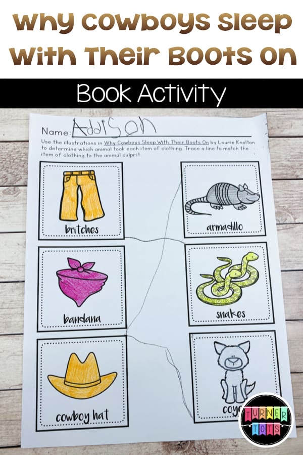 Printout with britches, bandana, cowboy hat, armadillo, snakes, and coyote for students to match according to the Wild West book Why Cowboys Sleep With Their Boots On. 