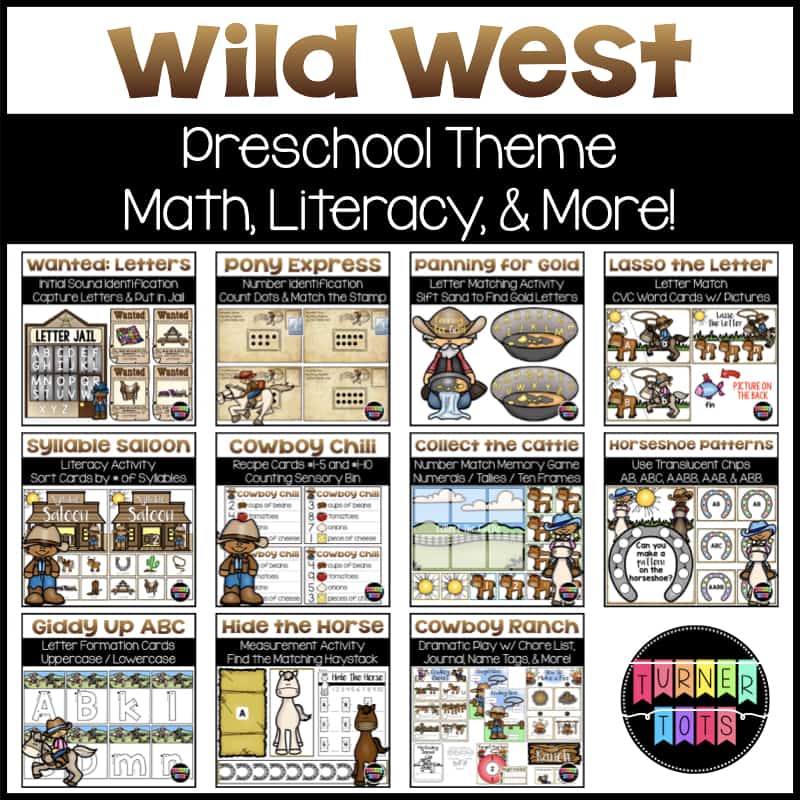 Wild West Bundle Cover by Turner Tots with pictures of all literacy, math, and dramatic play activities. 