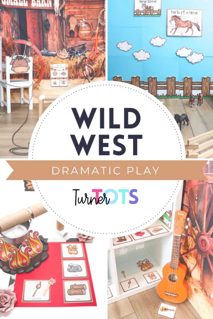 Wild West dramatic play includes a bull to lasso on a chair, a pretend campfire, a guitar, horses, and more.