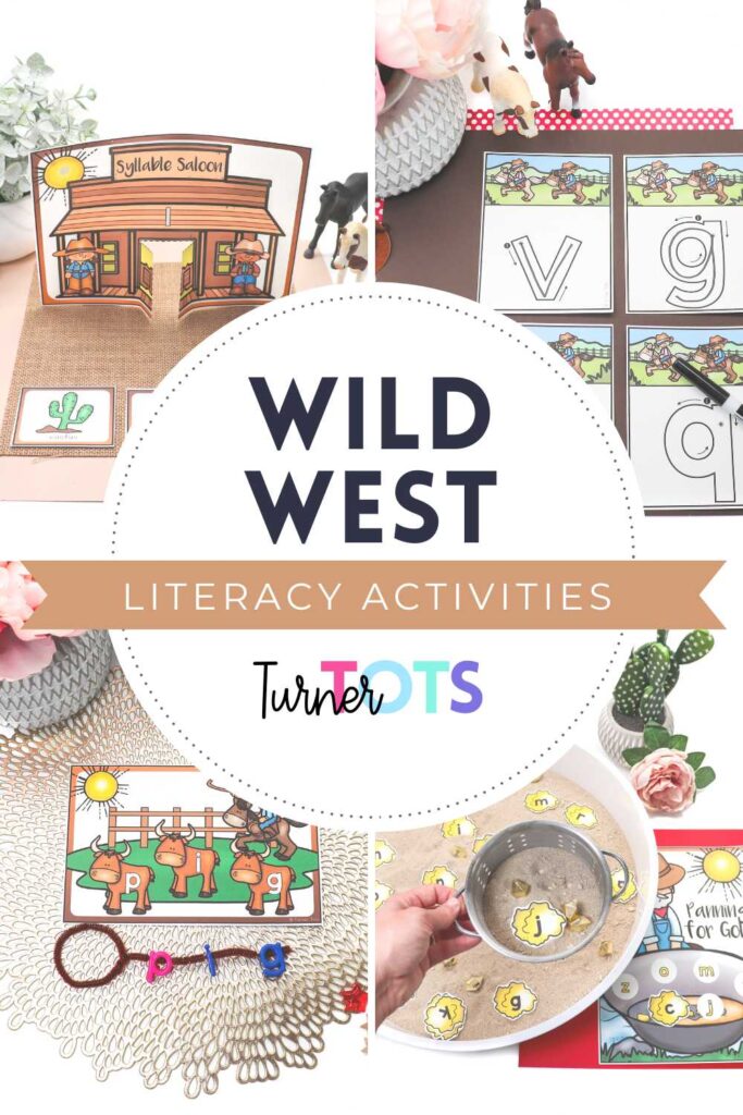 Wild West literacy activities include a syllable saloon, cowboy tracing alphabet cards, lasso the letter cards, and panning for gold letters.