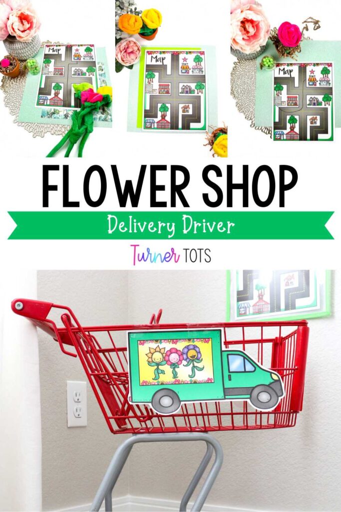 Flower shop dramatic play includes a kid shopping cart with delivery van printouts for the flower shop, along with maps for kids to trace as they go from location to location.