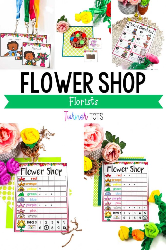 Flower shop dramatic play includes a flower order form to find the total number of flowers, name tags, pompom seeds planted in a pot, and a florist checklist to guide sustained dramatic play.